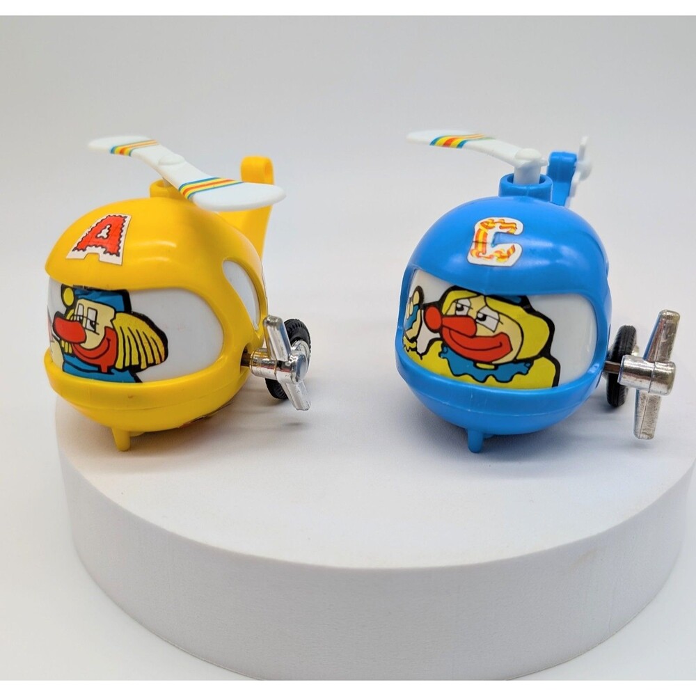 Lot Of 2 Vtg Plastic Wind Up Helicopter Toys Clown Funny Circus PARTS ONLY Works